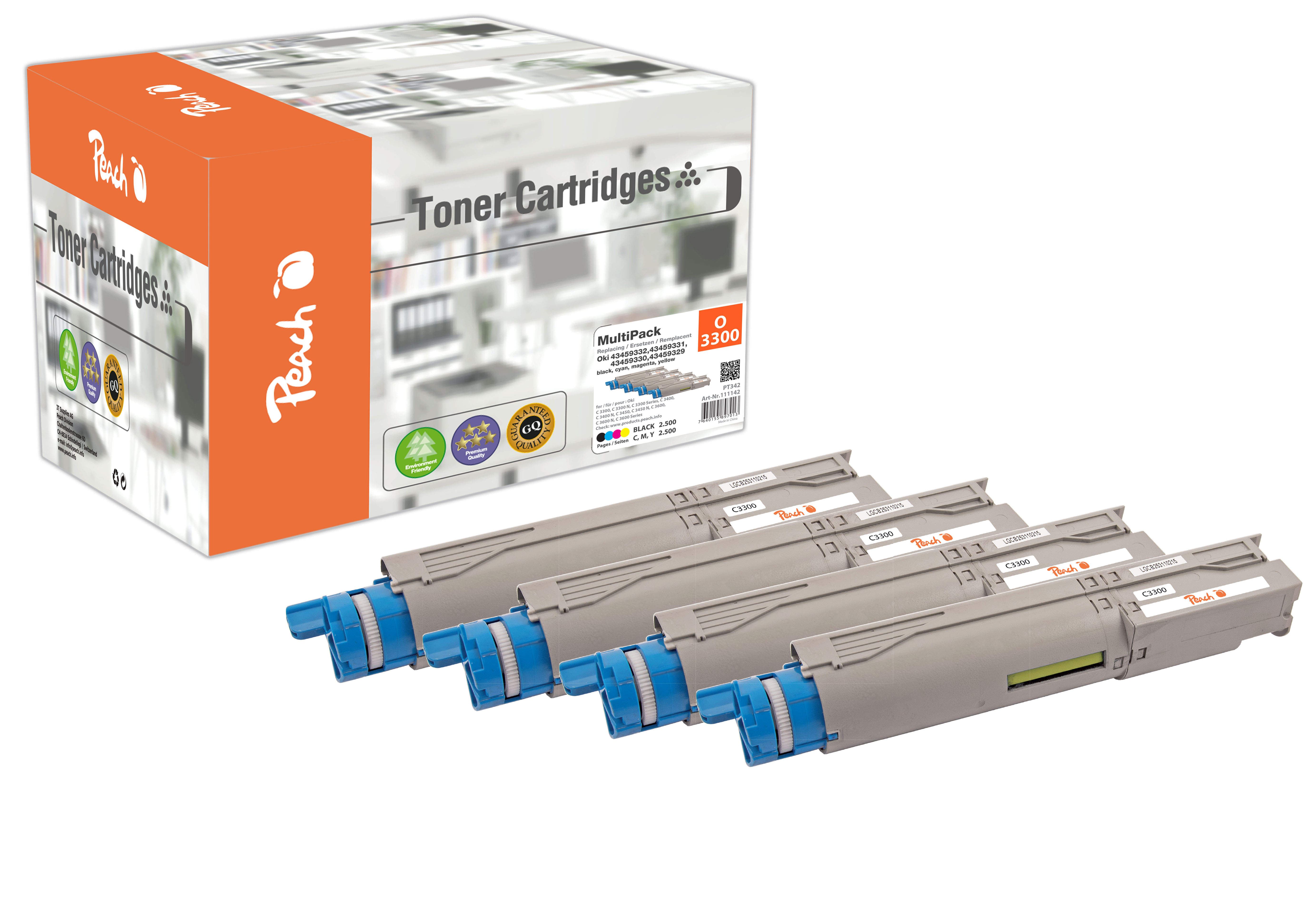 Peach Multipack , compatible avec
ID-Fabricant: 43459332,43459331,43459330,43459329 OKI C 3300