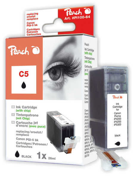 Peach Cartouche d'encre  noir avec puce, compatible avec
ID-Fabricant: PGI-5BK, 0628B001, 0628B029