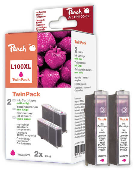 Peach  Pack à deux, 2 cartouches d'encre magenta avec puce, compatible avec
ID-Fabricant: No. 100XLM*2, 14N1070E, 14N1094